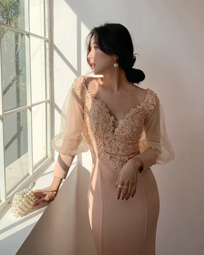 

Элегантное платье с аппликацией и V-образным вырезом, очаровательные тюлевые платья с длинным рукавом-фонариком и открытой спиной, облегающ...