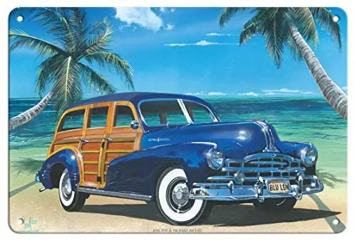 

Blue Lagoon - Retro Woodie Car on Beach - from an Original Color Painting by Scott Westmoreland - Vintage Metal Tin Sign