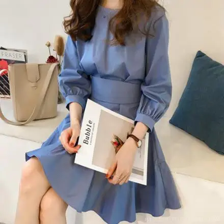 Plus Size Bow Dress Women Lantern Sleeve Pleated Mini Dresse Office Loose Vestidos Blue White M-4xl AE267 | Женская одежда
