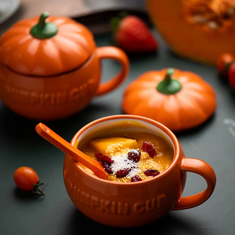 

Ceramic Kawaii Pumpkin Mugs Milk Water Coffee Cups Breakfast Dessert Yogurt Mug Instant Noodle Bowl With Lid Spoon Novelty Gift