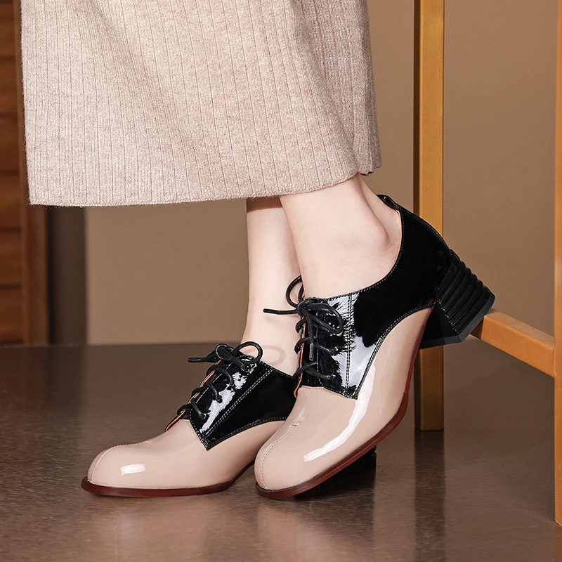 

Cross Tied High Heels Pumps For Women Genuine Leather Platform rouned Toe Women Shoes Working Basic Office Lady Shoes