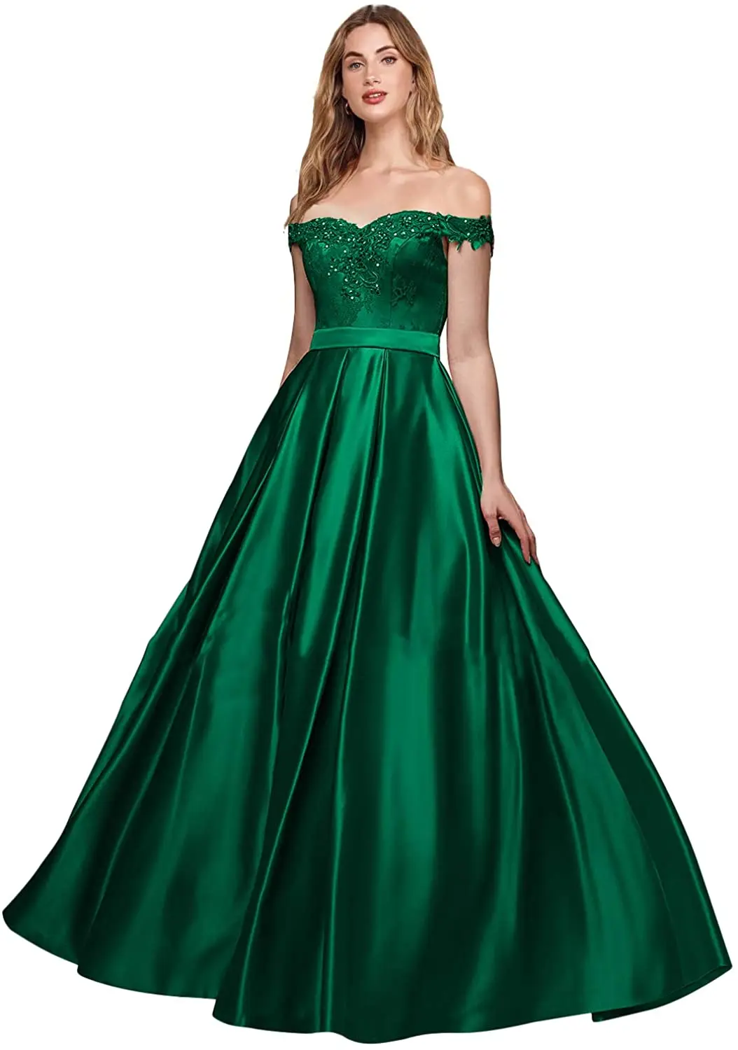

Womens Off Shoulder Embroidered Prom Dress Long Aline Satin Evening Formal Gown Prom Dresses with Sparkles