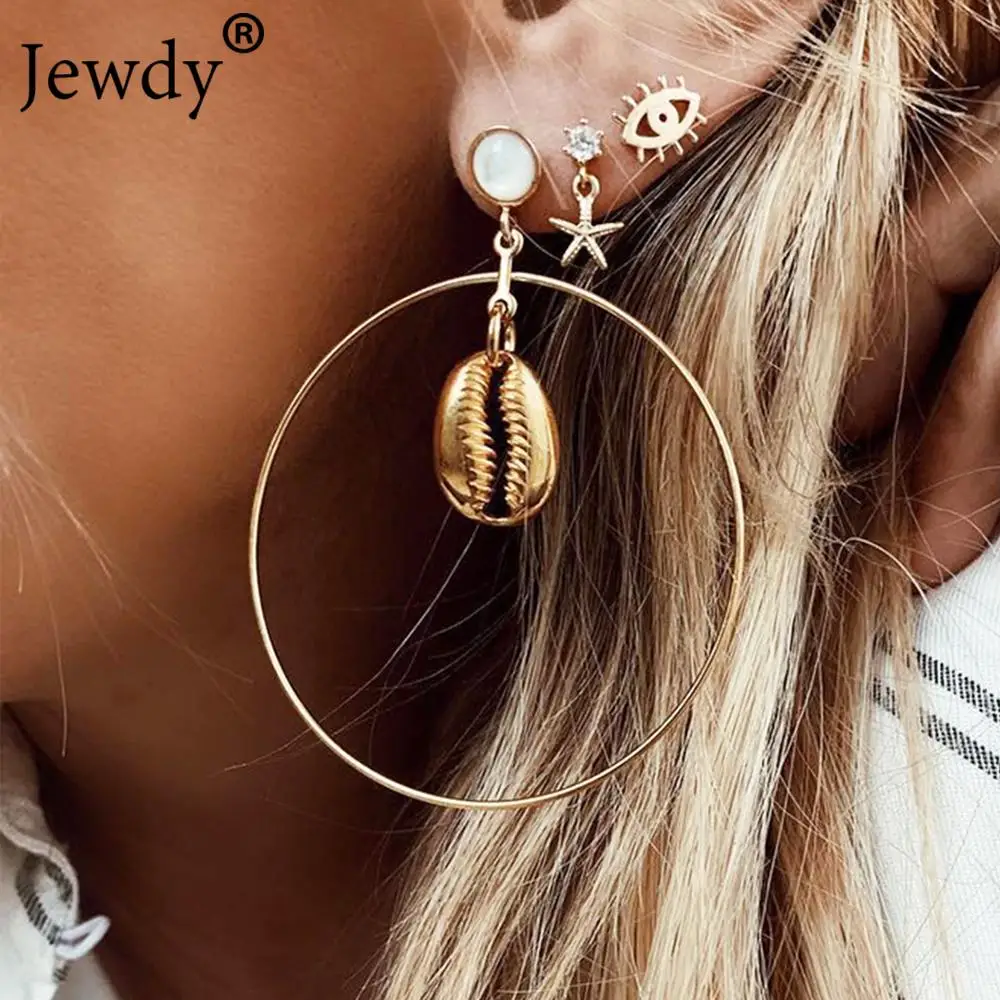

3 Pairs/set Seashell Star Evil Eye Earrings for Women Sea Shell Cowrie Circle Stud Earrings Round Ear Gold Summer Boho Jewelry