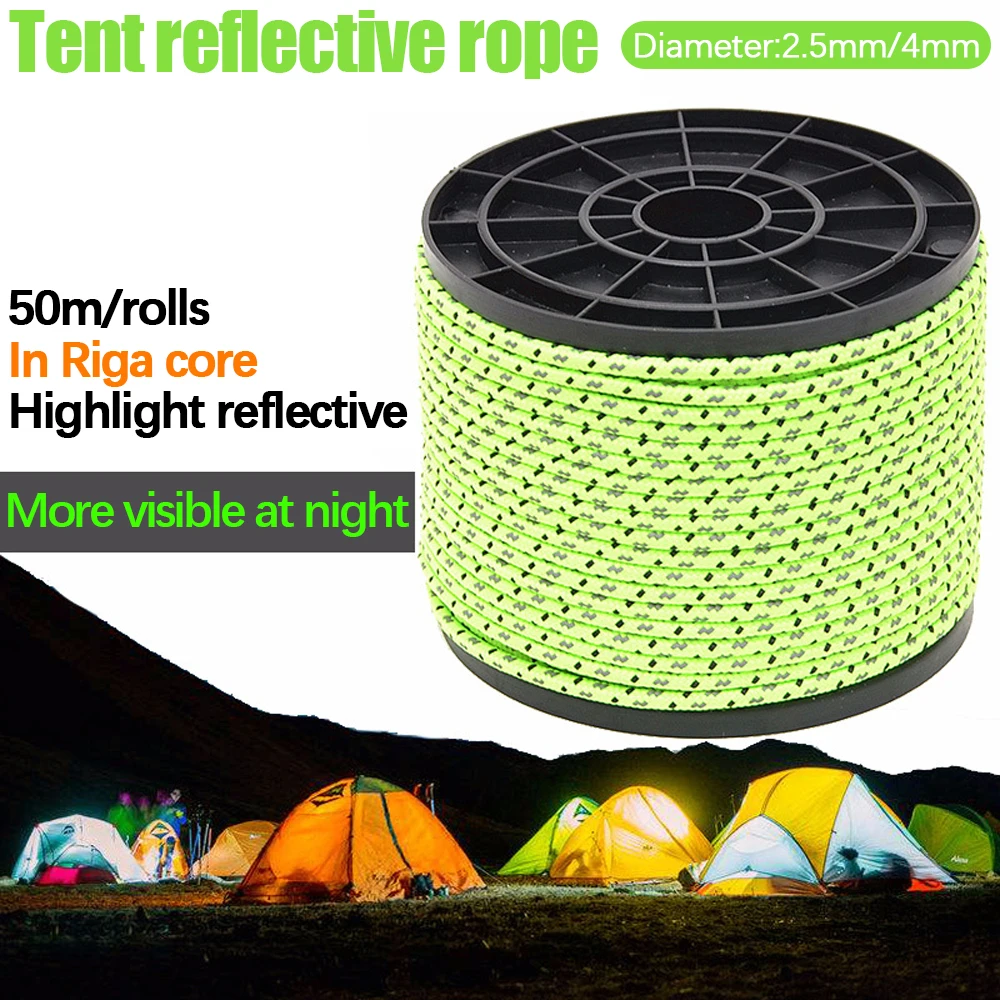 

Светоотражающий ветрозащитный нейлоновый шнур для палатки, 50 м, 2,5/4 мм