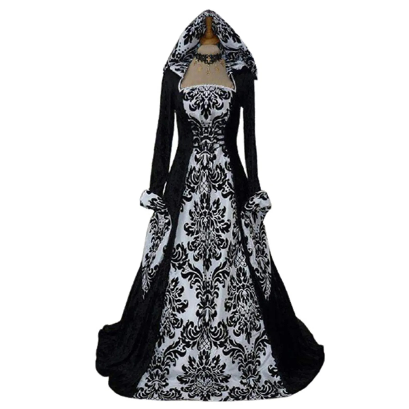 

Women's Dress Vintage Literary Print Court Dress Dress Dress Long Sleeve Lace Up Waist Hood Big Swing Dress Cosplay