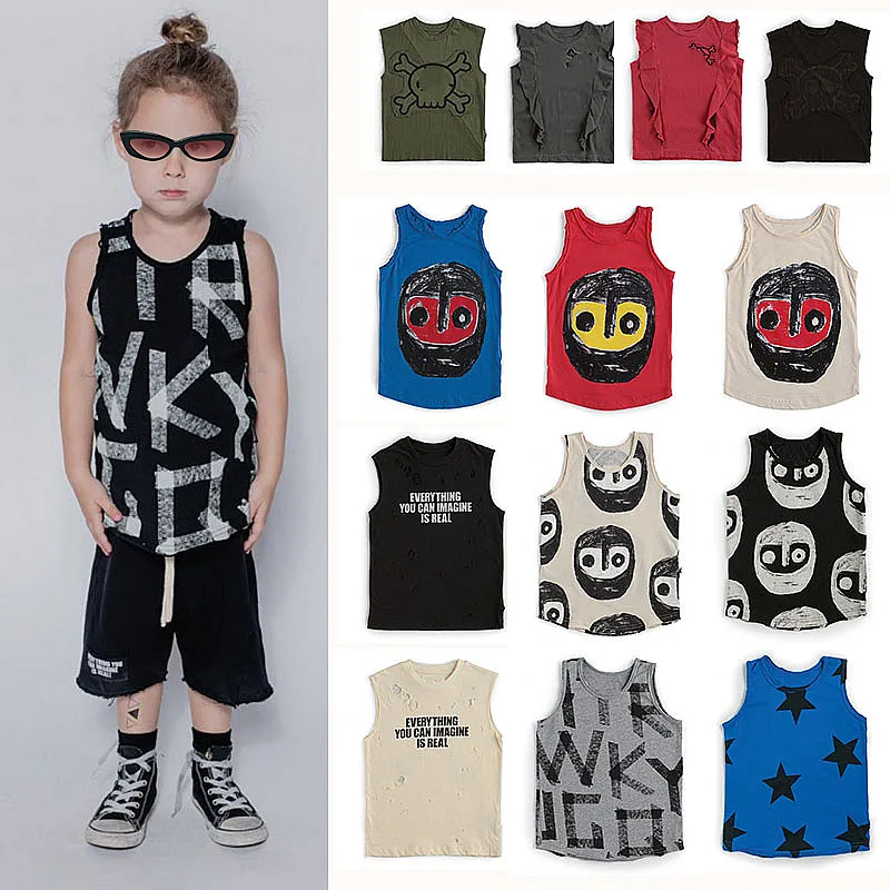 

N-2021 NU new vest sleeveless children's T-shirt cotton cartoon print round neck bottoming shirt top