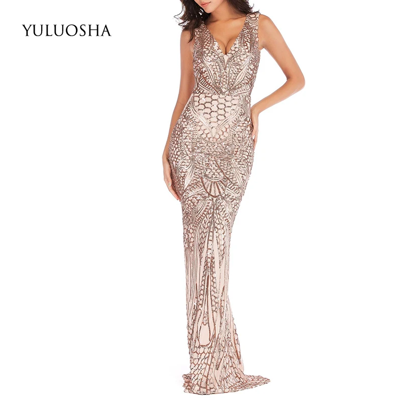 YULUOSHA модное сексуальное вечернее платье с V образным вырезом без рукавов для