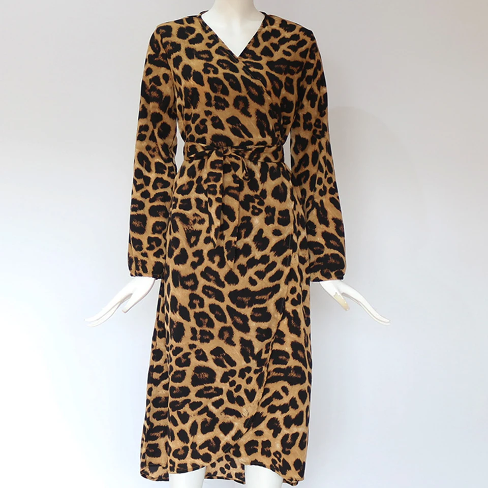 Leopard Print Dress For Women V Neck Long Sleeve Sukienka Cross Front Midi Irregular Hem Sexy Party Night Club 2021 | Женская одежда