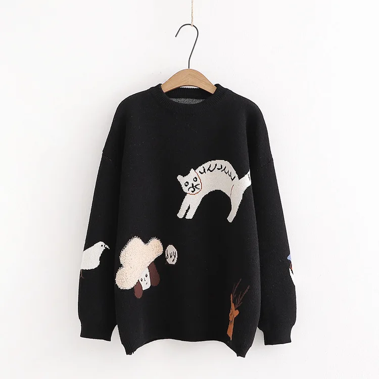 

2021 New Cartoon Sweater Women Autumn Winter Knitted Fashion Pullover Sweaters Casual Print Black Clothes Y399