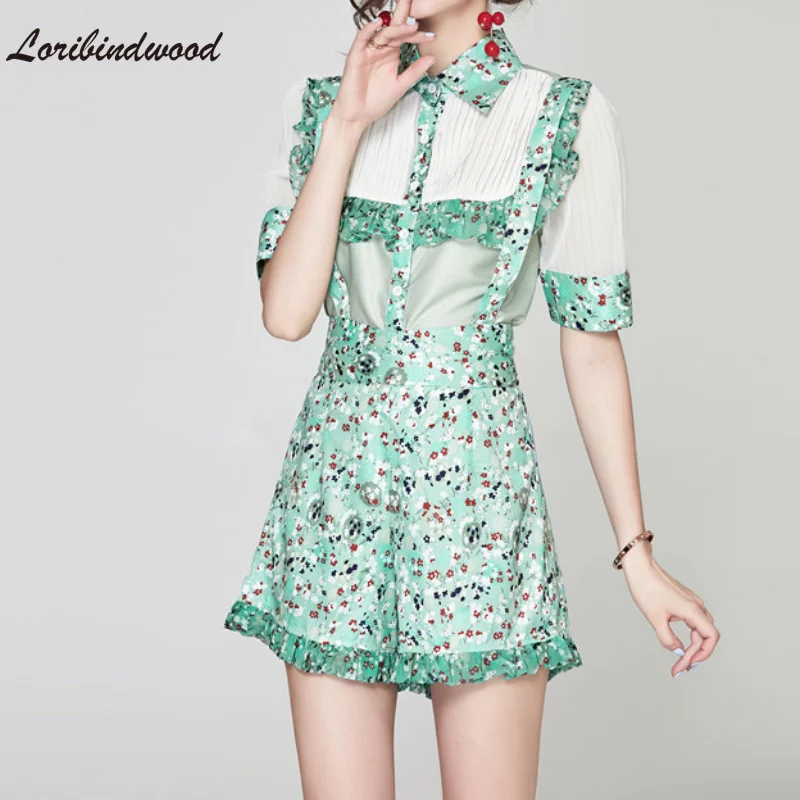 

2021 New Summer Women Sweet Suit Print Turn-down Collar Buttons Short Sleeve Shirts Tops+high Waist Wide Leg Shorts Overalls