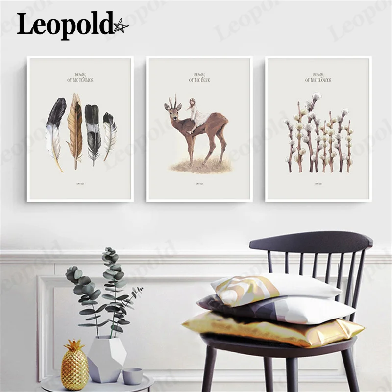 

Nordic Little Girl On Deer Back Canvas Painting Bud Feather Poster Wall Art Modern Home Room Decoration Accessories
