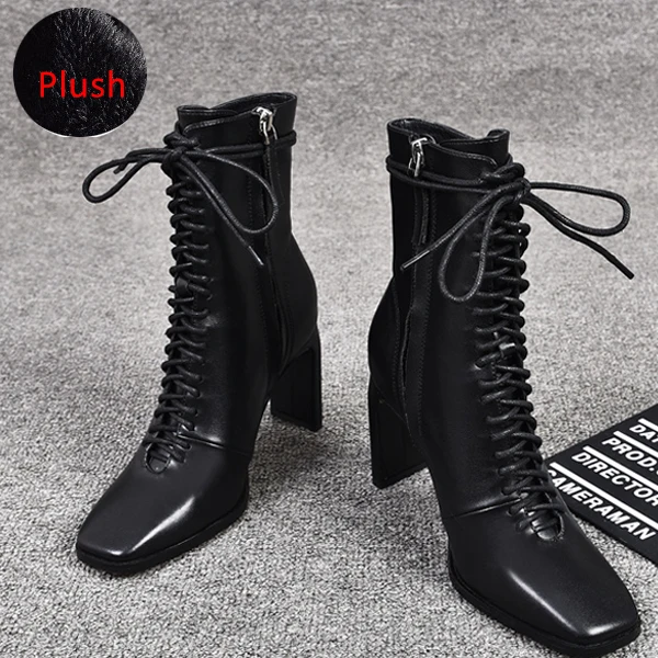 Black Plush Boots Женские кожаные ботинки; модная обувь на высоком каблуке; зимние женские Ботинки martin на шнуровке; ботильоны с квадратным носком; женская обувь на каблуке - Цвет: Black Plush Boots