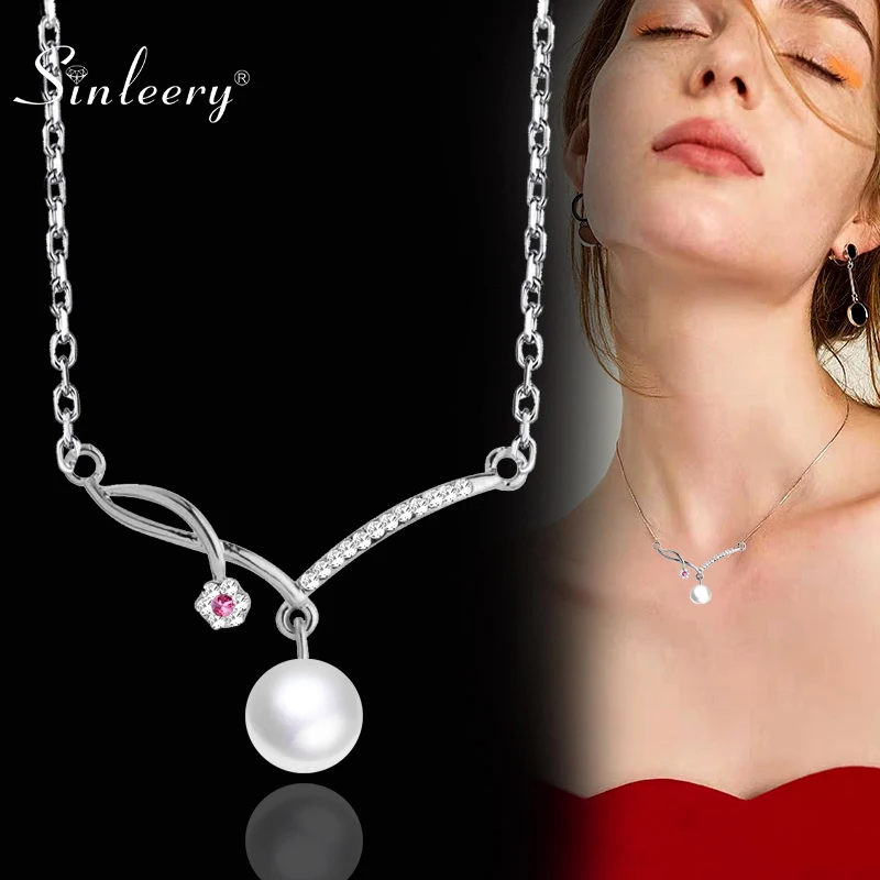 

SINLEERY Elegant Gray White Pearl Pendant Necklace For Women Rose Gold Silver Color Chain Bridal Wedding Party Jewelry ZD1 SSA