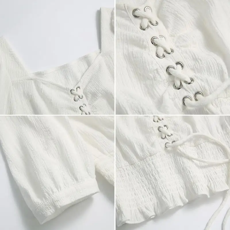 

Blouses Women Lace Up Solid Short Puff Sleeves Design Tunic Crop Tops Female Clothes Sexy Shirts Ulzzang Fashion Loose Leisure