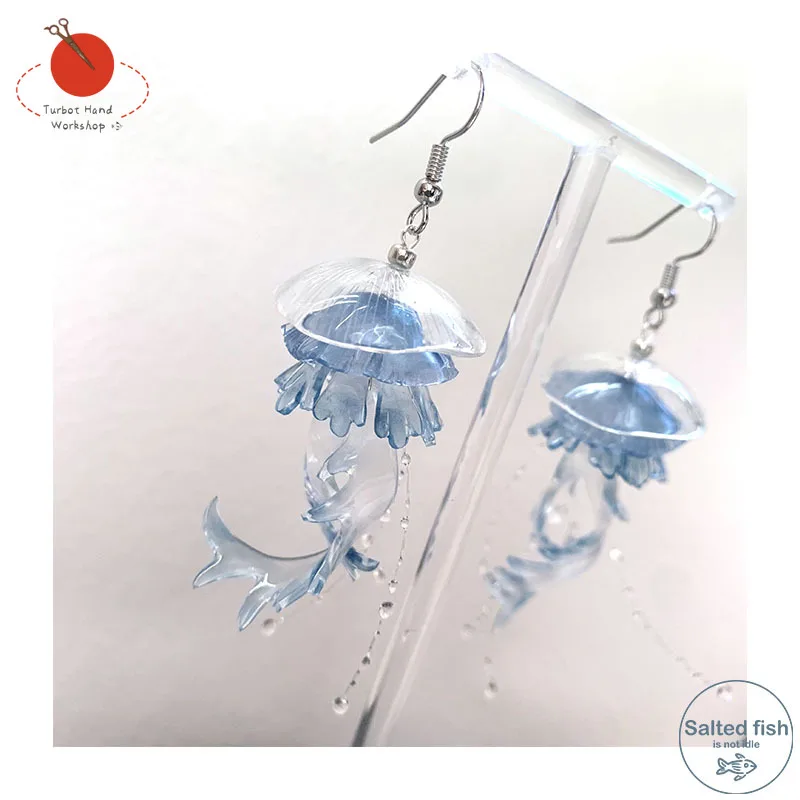 Серьги-клипсы ручной работы в виде сине-серой Медузы для освежающего отдыха в океане