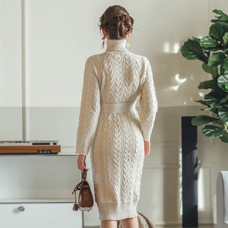 Autumn Winter Dress Vintage Women's thickening Knit Casual Long Bodycon Turtleneck Knitted Sweater Spring 2019 | Женская одежда