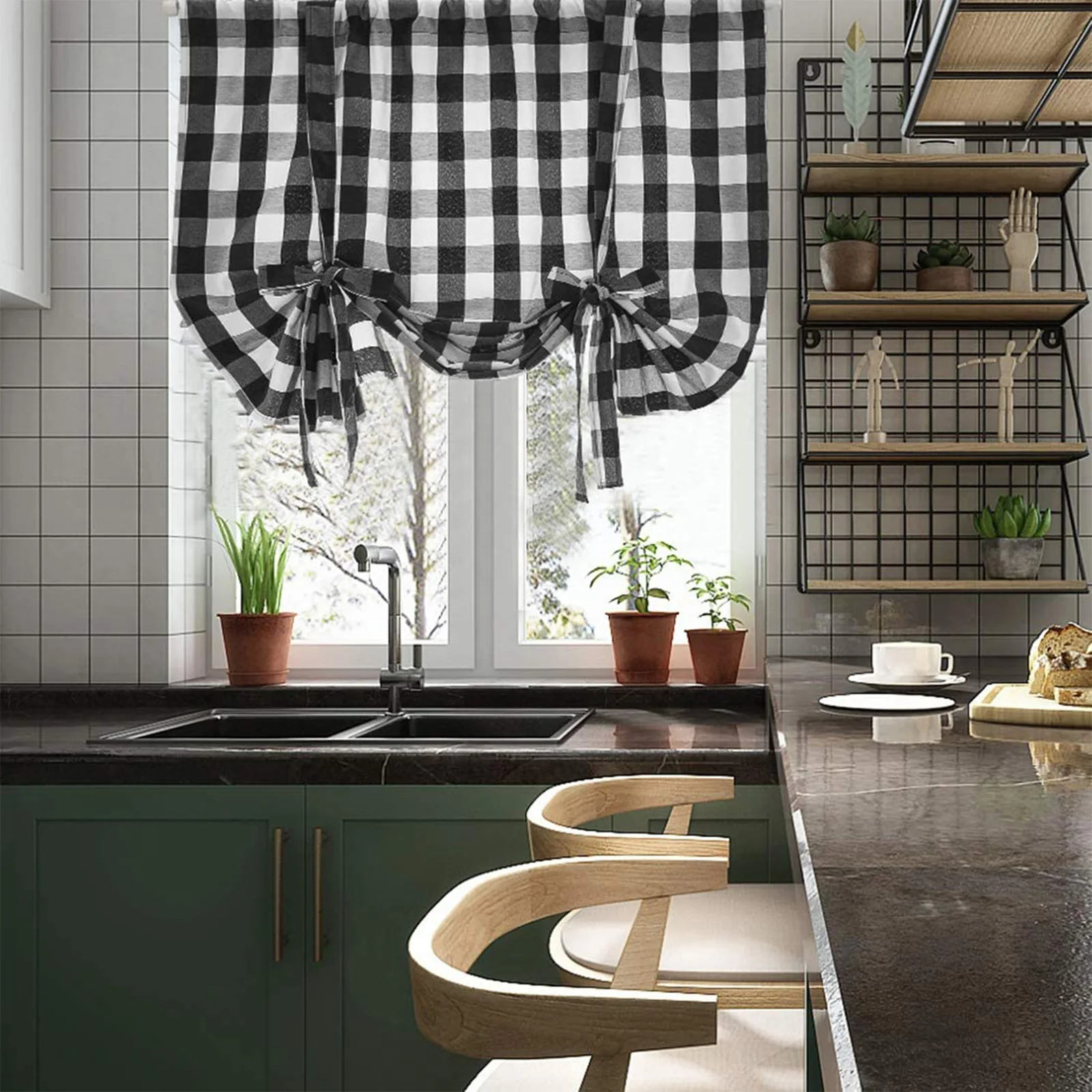 

Kitchen Plaid Print Short Window Curtain with Hole, Adjustable Roman Blinds Blackout Drapes for Living Room