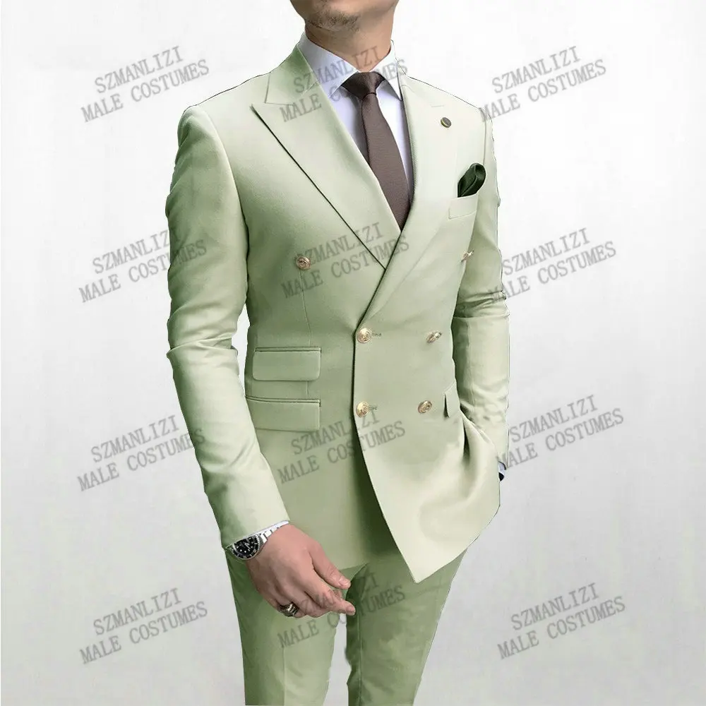 Light Green Men Suits Double Breasted 2021 Latest Design Gold Button Formal Groom Wedding Tuxedos Best Man Costume Homme 2 Piece