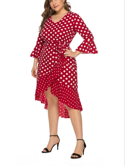 

Женское платье-годе с оборками, Повседневное платье в горошек с V-образным вырезом и 7 рукавами-клеш, платье с высокой талией на шнуровке, лет...