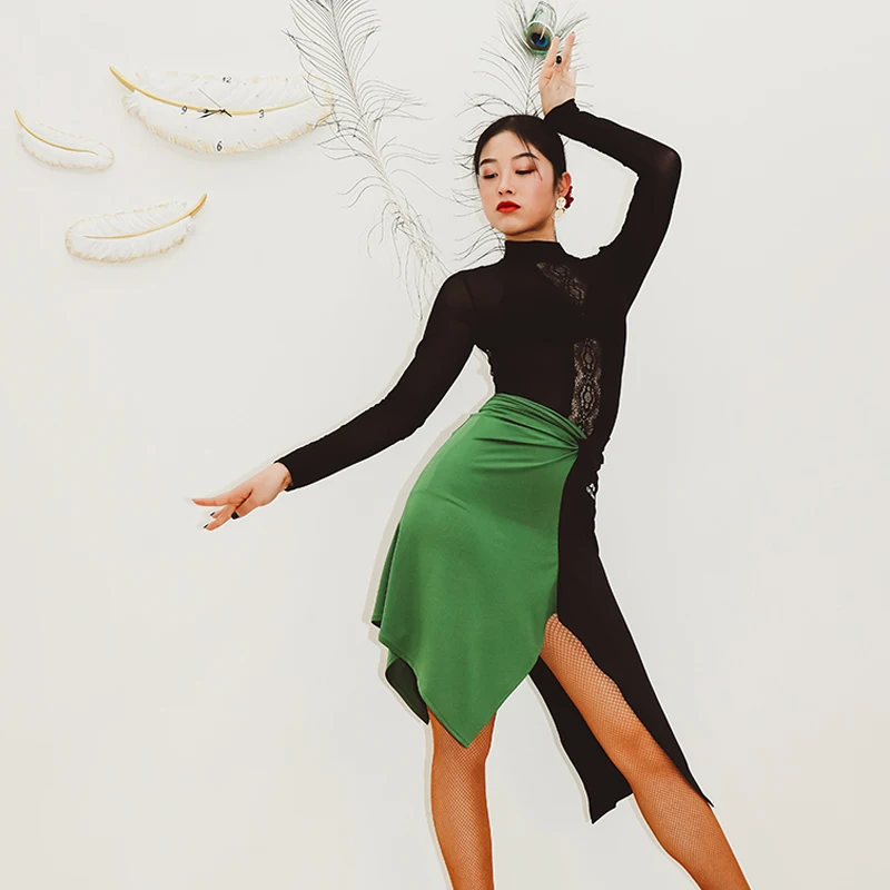 Юбка женская для латиноамериканских танцев черная и зеленая VDB1358 | Тематическая