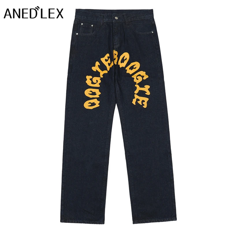 

Джинсы мужские варенные с карманами и мультяшным демоном, модные уличные свободные прямые брюки в стиле хип-хоп, готические повседневные шт...