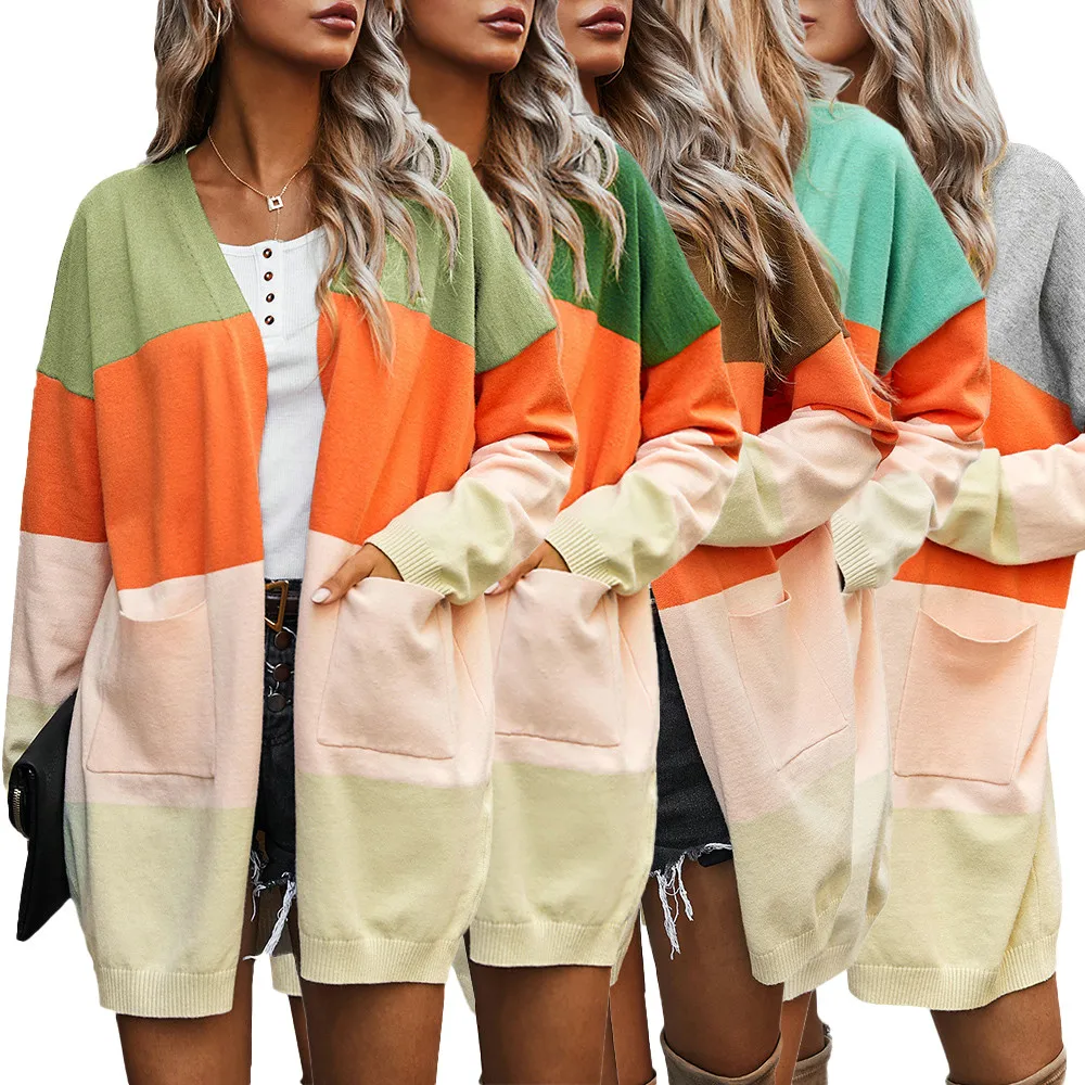 

Mid-length Cardigan Sweater Women Long-sleeved Jacket Autumn Winter 2020 Women's contrast color V neck Cardigan Sweaters D30