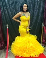 black girls slim sexy african yellow mermaid prom dresses lace applique organza floor length party gowns dress evening wear