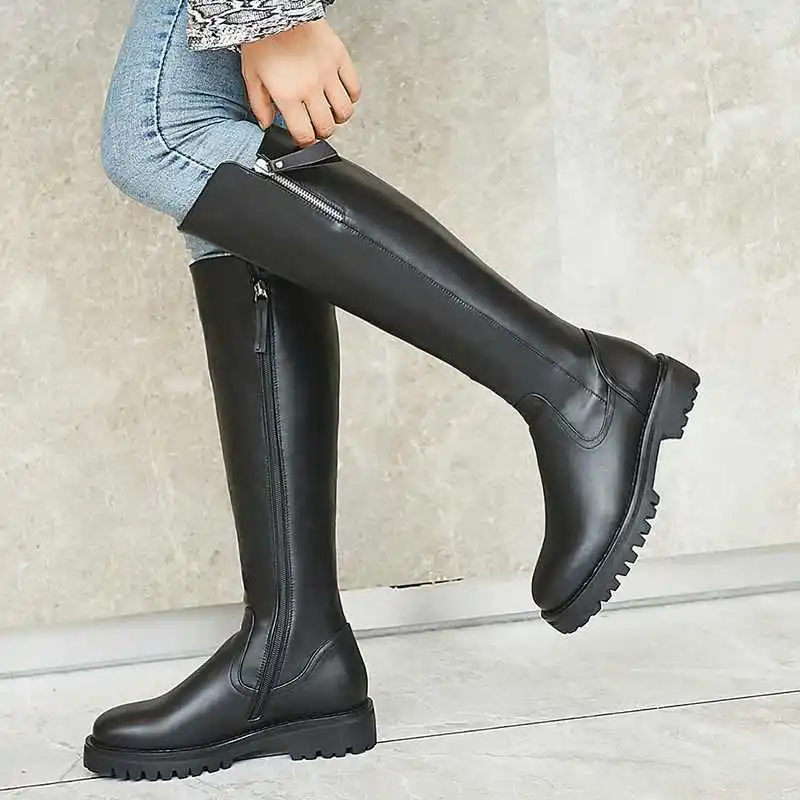 krazing pot winter super keep warm cozy cow leather knight boots round toe med heels solid zipper fashion thigh high boots L5f6