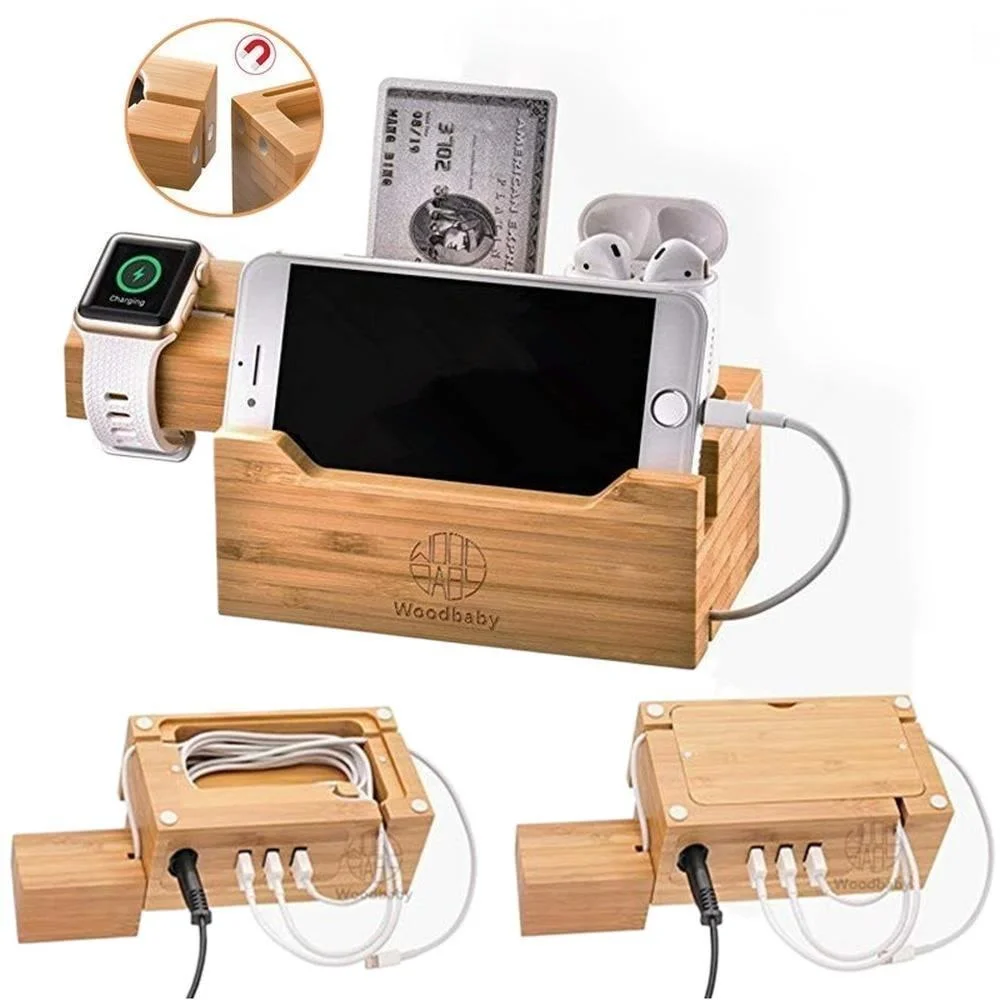 Natural Bamboo Multi-Device Charging Station Dock & Organizer for Apple Devices Apple Watch and IPhone Airpods