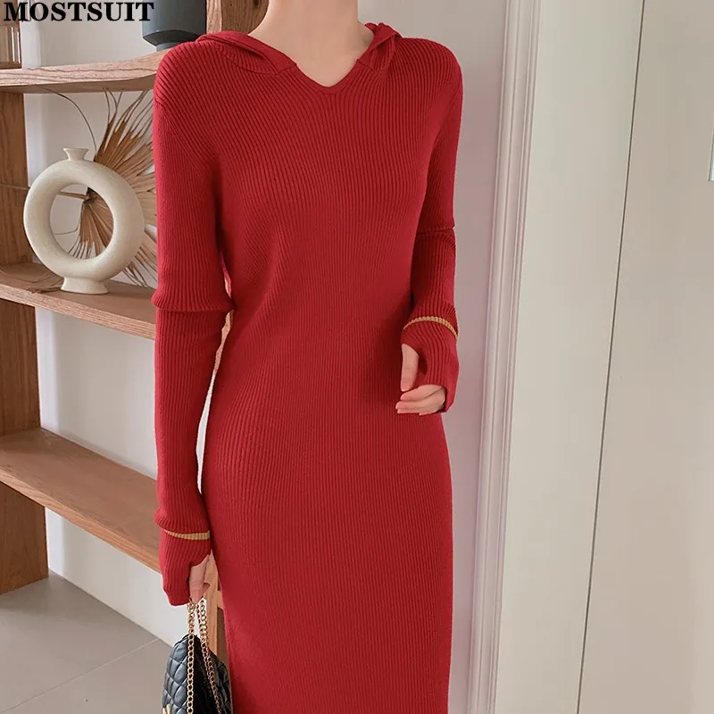 

Женское трикотажное платье-свитер с капюшоном, облегающие длинные платья с длинным рукавом и разрезом, повседневные модные однотонные коре...