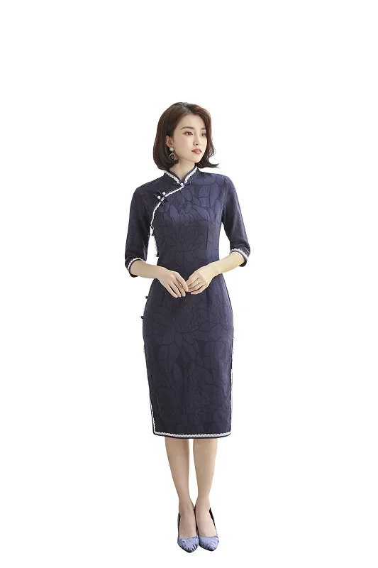 1250 Шанхай история Половина рукава по колено cheongsam платье хлопок лен Винтаж Ципао китайское платье китайский стиль платье для женщин - Цвет: 1250