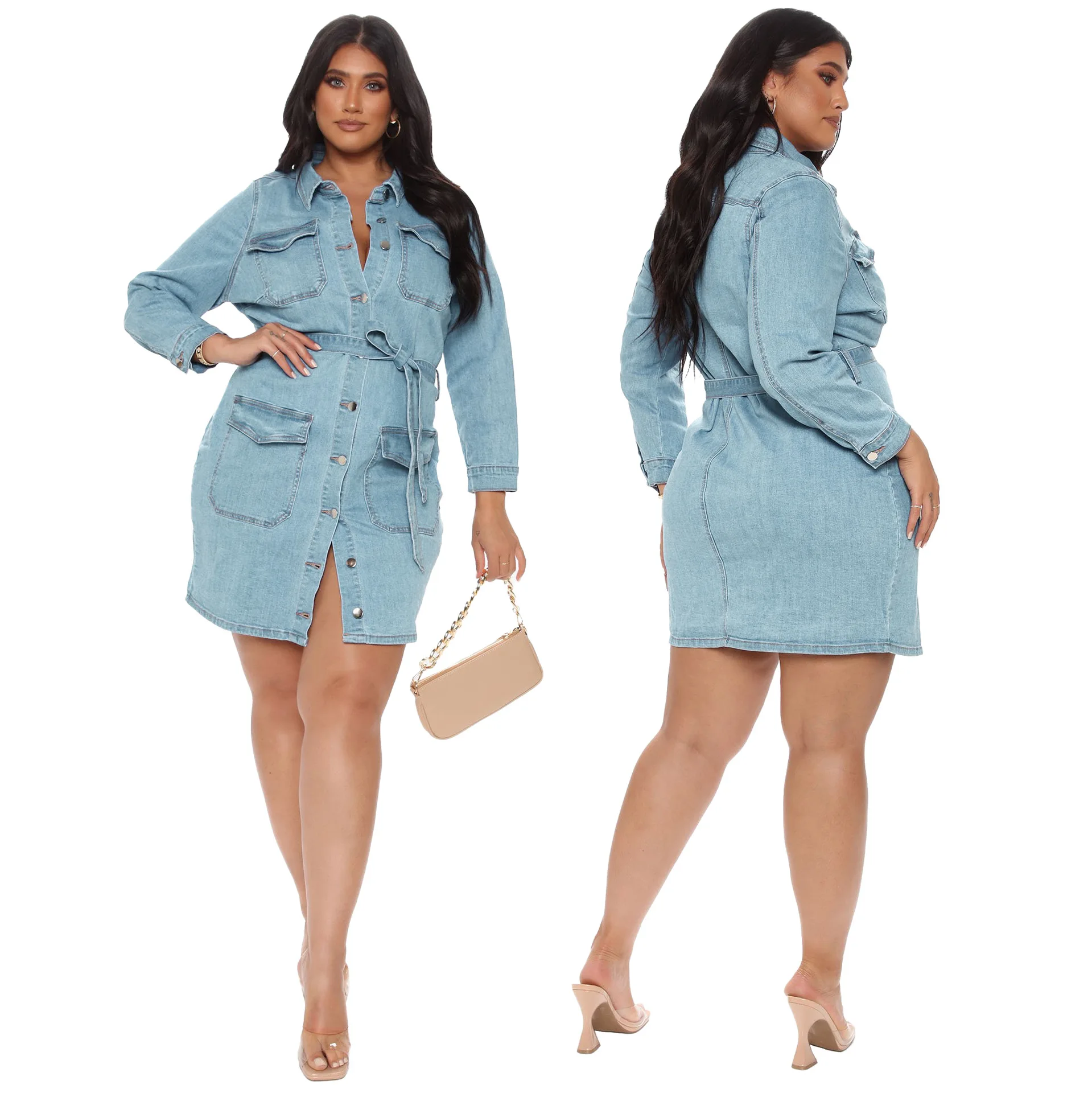 

S-XXL Women's Dress Collared Button Down Denim Belted Shirtdress