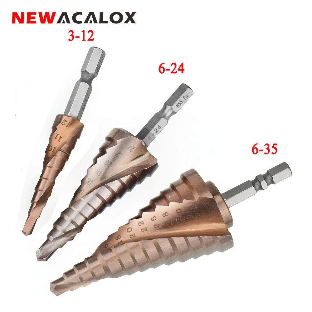 NEWACALOX HSS высокоскоростное стальное спиральное сверло высокой твердости Co ступенчатое сверло треугольное для металлического конуса сверло Набор отверстий