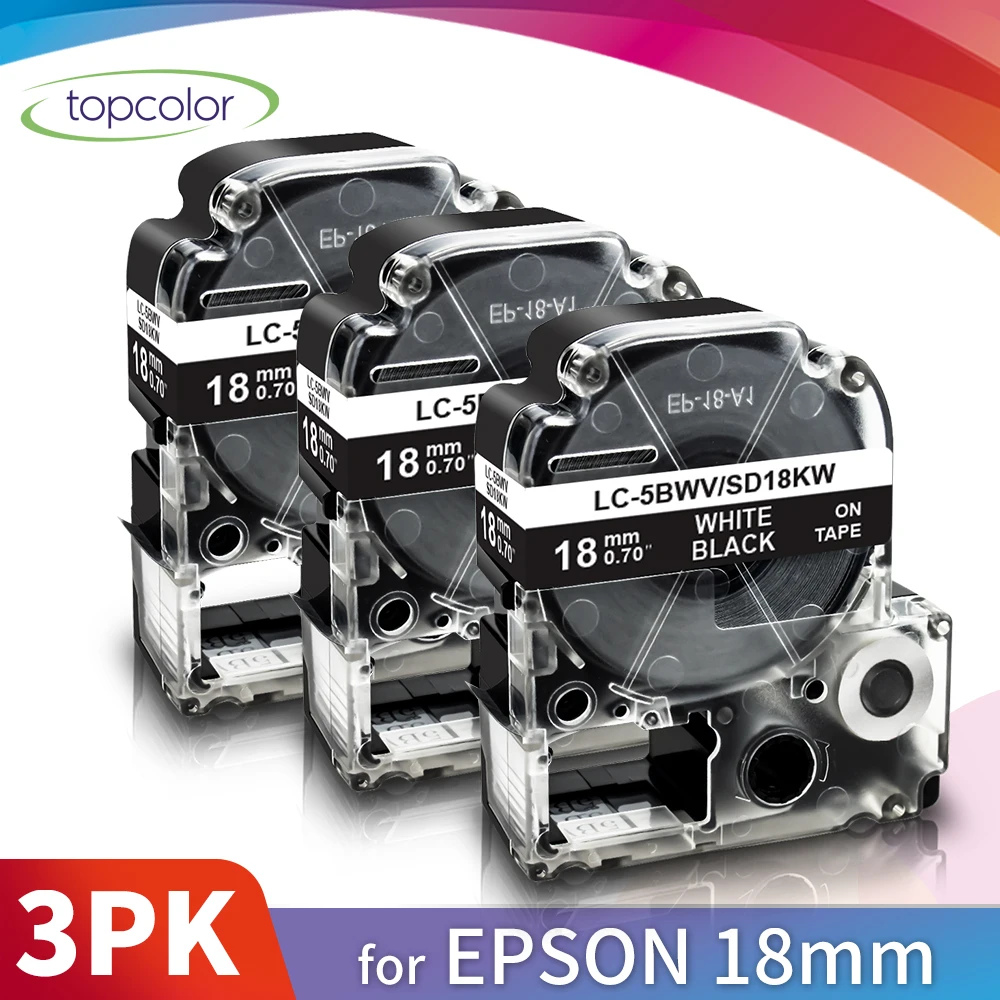 

Topcolor 3PK 18 мм * 8 м Белое на черном запечатанных лент для Epson совместимый принтер ленты SD18KW LK-5BWV для KingJim машинка SR370 SR55