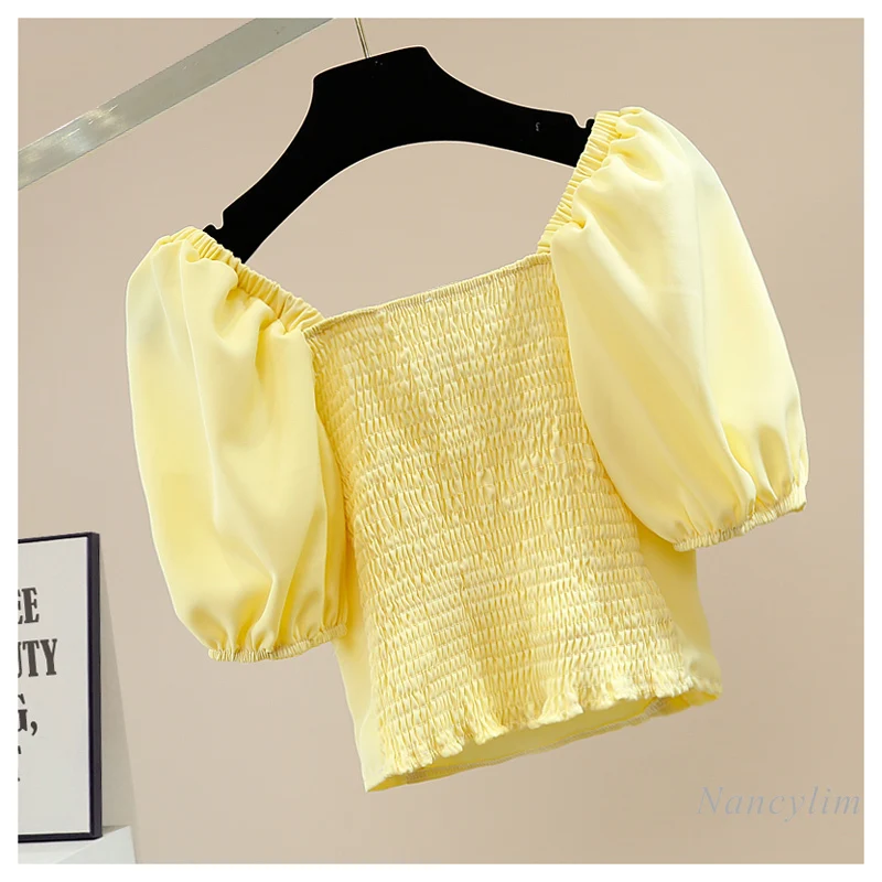 Haut Court Pour les femmes de L'industrie Lourde Perles Diamant intégré Tridimensionnel Grand Arc Rétro Manche Gigot Dos Plissé Élastique Chemise