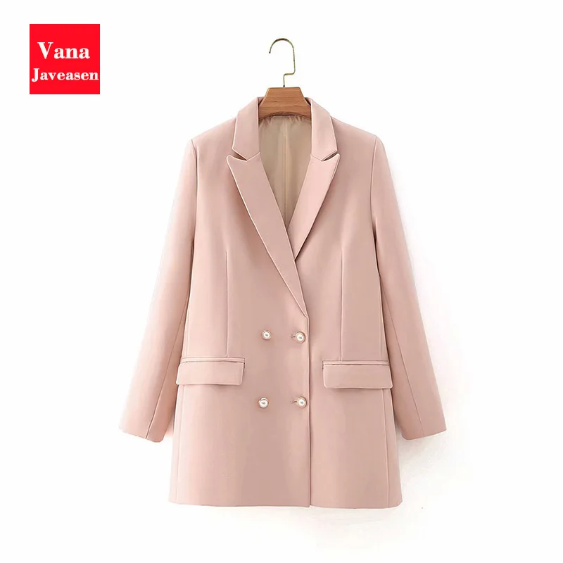 

Pearl Double Breasted Loose Tailored Coat Women's Outwear Office Ladies Tops Notched Collar Long Tailored Coats Female