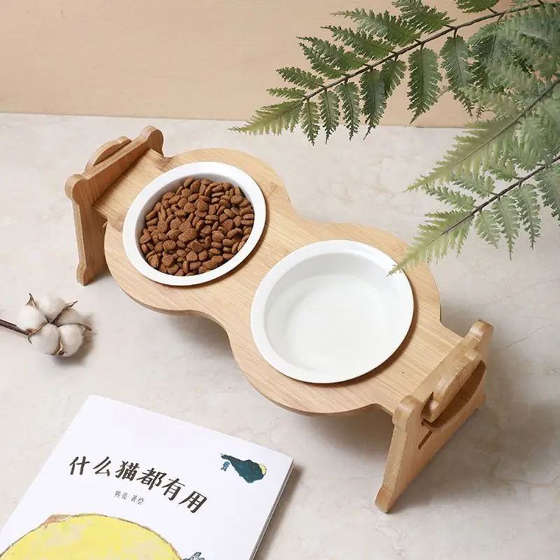 

Dog Accessories Pet Bowl Adjustable Bamboo Elevated Dog Cat Food And Water Bowls Stand Feeder With 2 Ceramic Bowl Dropshipping