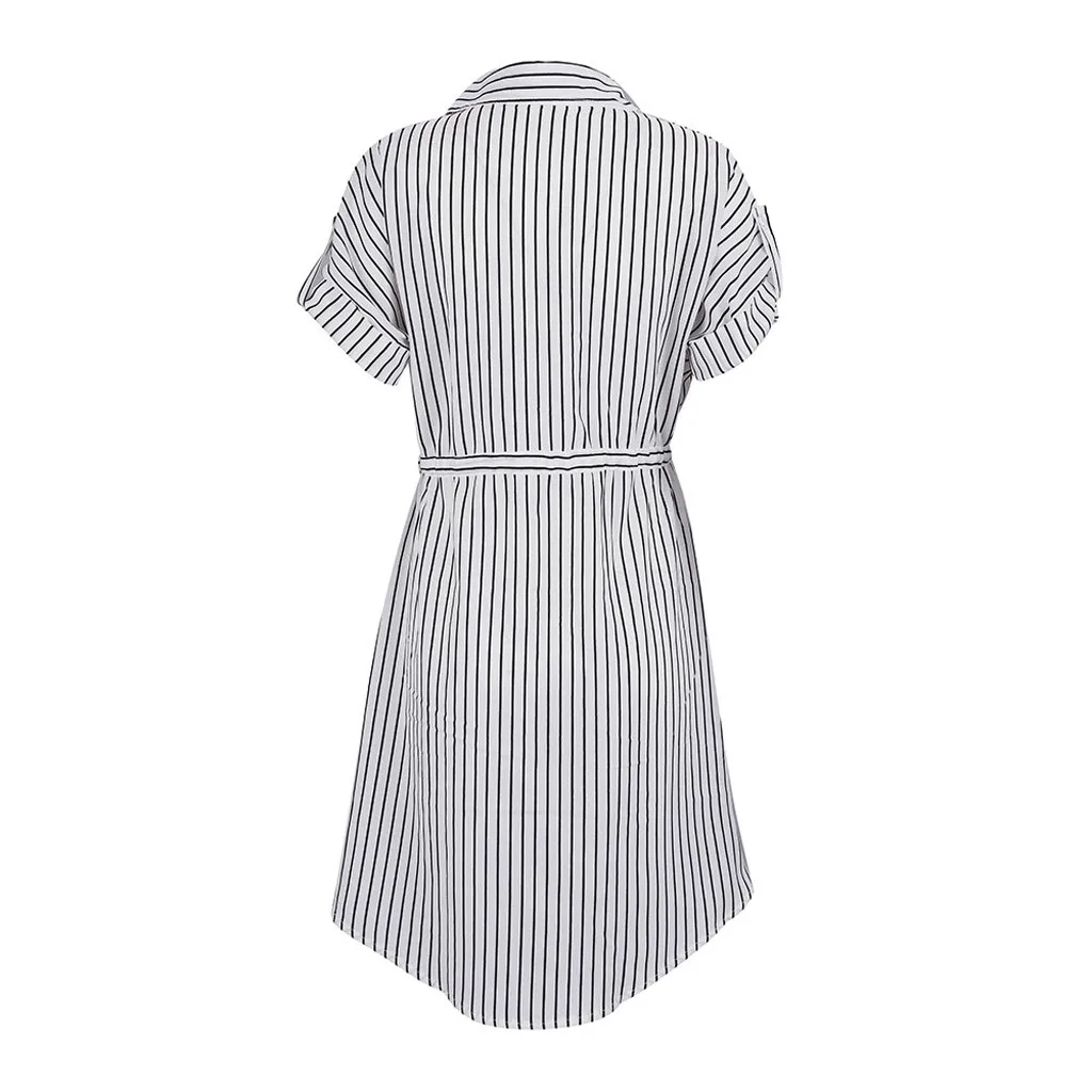 @ Fashion Womens Office Dress Drawstring Bandage Short Sleeve Stripe Print Lapel Shirt Dresses Woman Party Night | Женская одежда