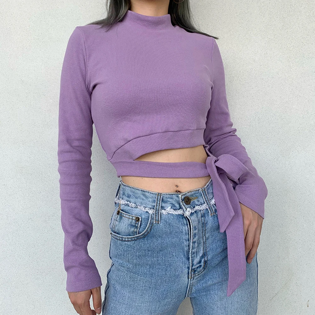 

All-match Spring autumn clothing Tight slim Women's solid color Polyester strap hollow half high neck long sleeve T-shirt