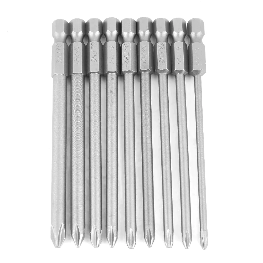 

9pcs S2 Steel Screwdriver Drill Bit Set 75mm Cross Hex Alloy Steel Magnetic Head PH1 PH2 1/4inch Hex Shank 100mm