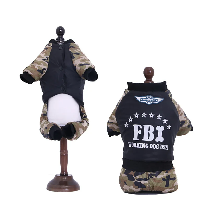 

High Quality Pet Dog Clothes Winter Warm Fbi Camouflage Thick Pure Cotton Teddy Four-Legged Clothes Bulldog Jumpsuit Puppy Coat