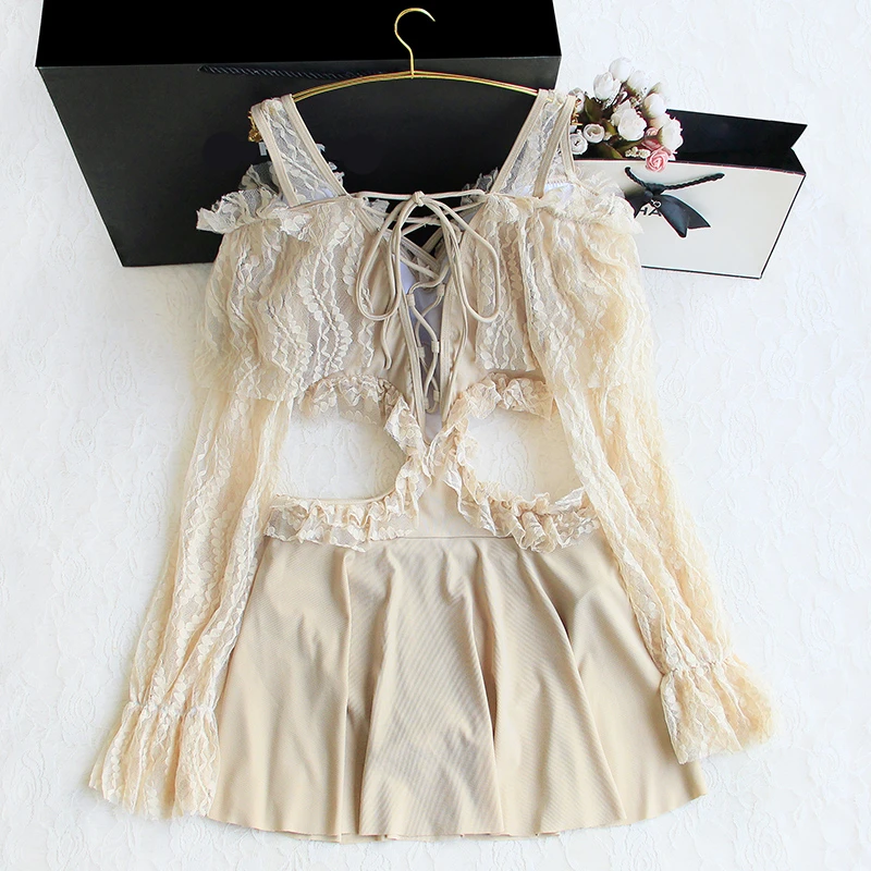 FGHFU кружевная юбка с длинными рукавами и перекрестной спинкой купальник 2020 XS L