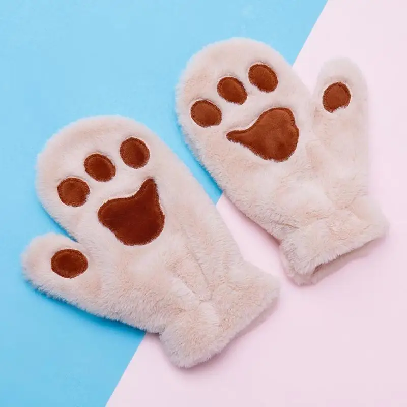 Женские зимние плюшевые перчатки с медведем кошачьими лапами и когтями милые