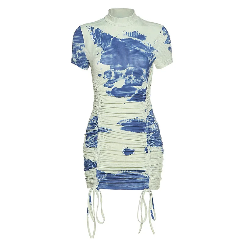 

2020 Autumn New Short Sleeve O Neck Tie Dye Side Adjustable Drawstring High Waist Mini Dress Women
