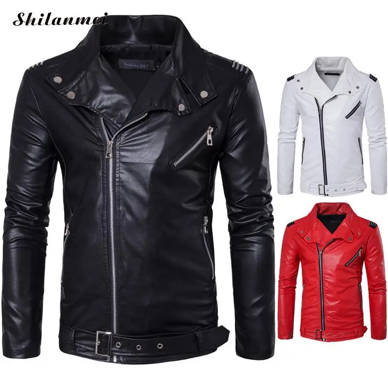 Тонкое красное кожаное пальто, мужская куртка из искусственной кожи, Мужская однотонная черная куртка на молнии, белая куртка в стиле панк, осенняя мужская мотоциклетная куртка