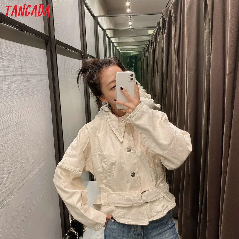 Tangada, Женские однотонные джинсовые куртки с поясом, пуговицами, карманами, длинным рукавом, короткая стильная куртка, женские топы бойфренда 6P18