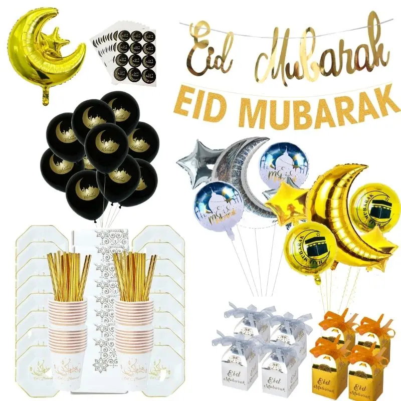 

Eid Mubarak Banner Balloons Disposable Tableware Mubarak Muslim Islamic Party Decorations For Home Ramadan Eid al-Fitr Supplies