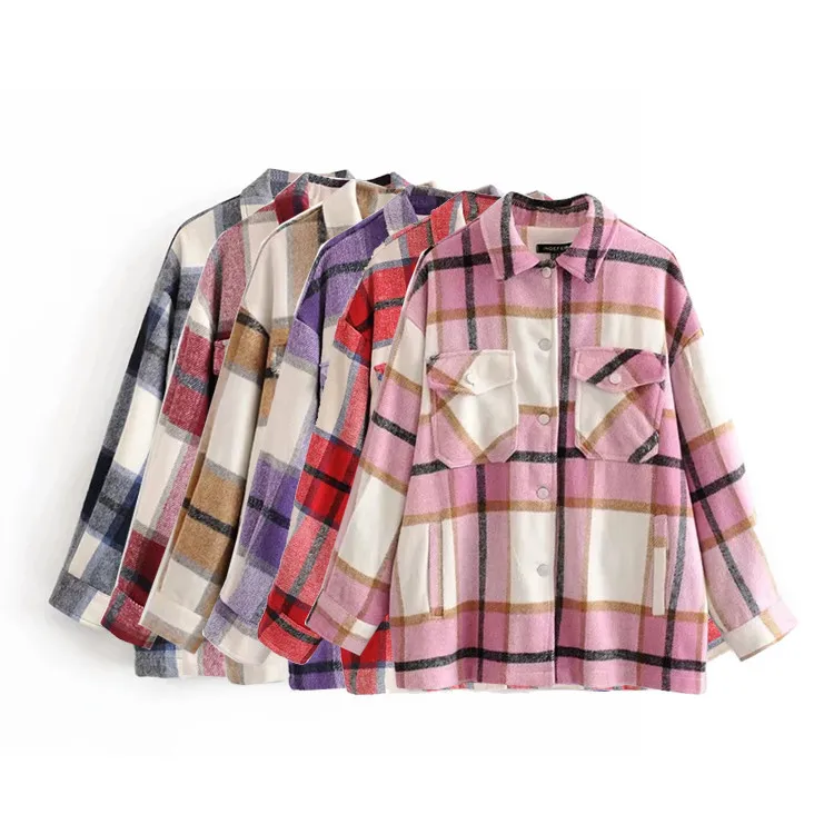 

Wool Blends Winter Jacket Women Plaid Color Block Woolen Coat Women's Fashion Casual Plus Size Wool Blends Shirt Female Jacket