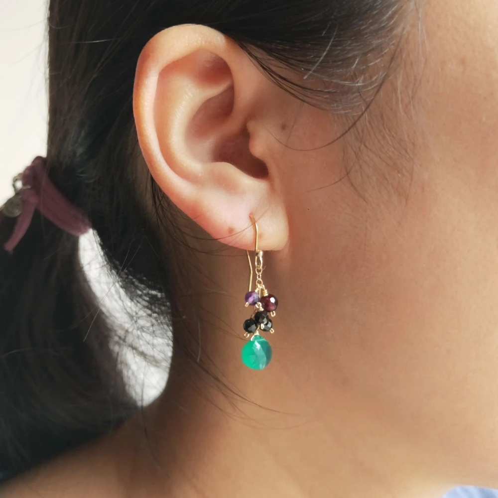 Серьги-подвески женские из серебра 925 пробы с гранатом аметистом и зеленым