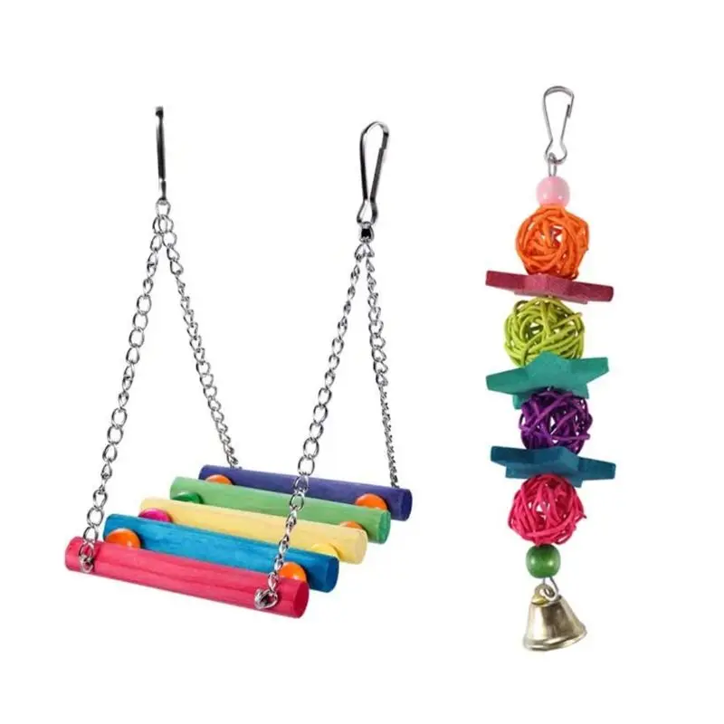 

1Set Bird Parrot Swing Toys with Colorful Wooden Beads Bells Pet Cage Hammock 50JD